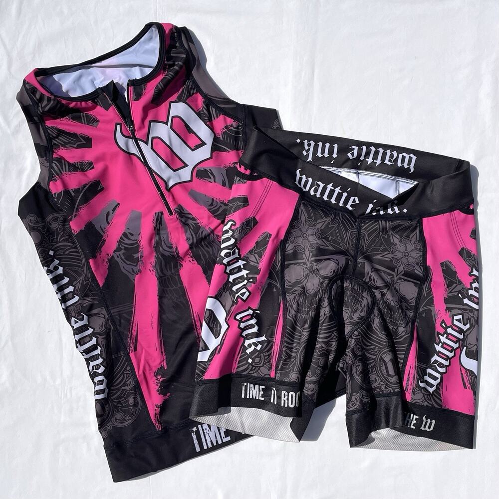 Wattie Ink Triathlon Top Shorts Set Womens XL Sun Skull Pink Black Tri Pockets